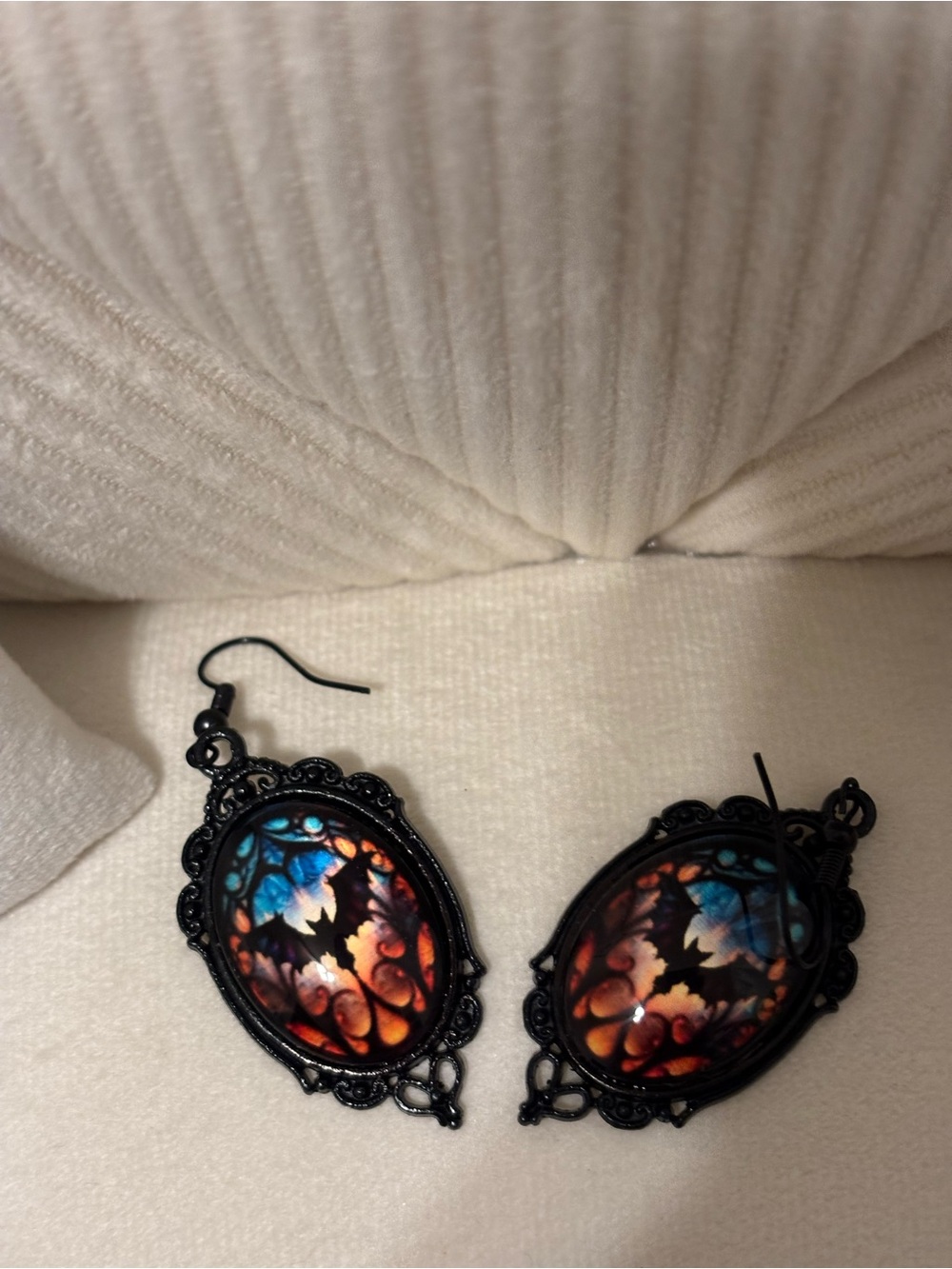 Black Gothic Bat Cameo Drop Earrings in Multicolor Glass